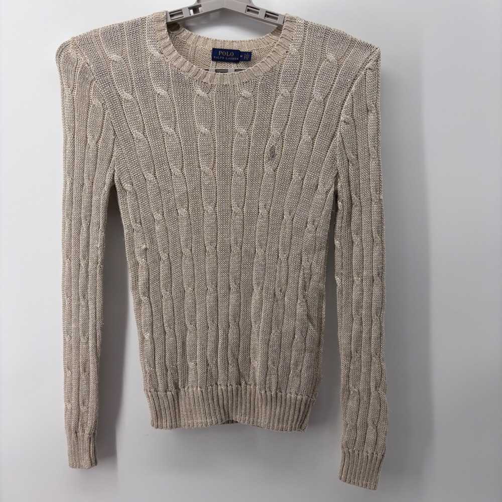 Polo Ralph Lauren Cable Knit Sweater Womens M Tan Beige Silver Metallic Shimmer